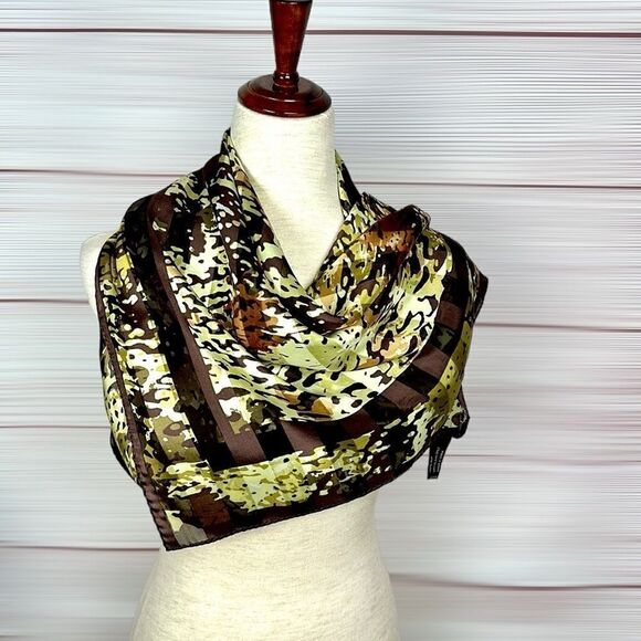 Adrienne Vittadini Silk Scarf Brown Green Ivory Satin Chiffon Square 34×34" - Picture 7 of 10